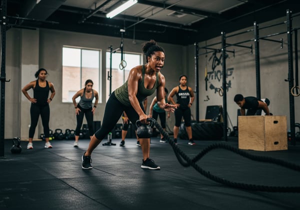 MULHER FORTE FAZENDO TREINO DE CORDA NAVAL E KETTLEBELL EM ACADEMIA DE FITNESS EM GRUPO SUOR E DETERMINAÇÃO