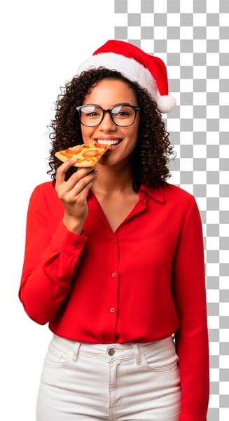 IMAGEM PARA COMPOSIÇÃO MULHER VENDEDORA COMENDO UM PEDAÇO DE PIZZA PSD