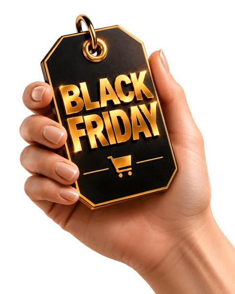 MÃO SEGURANDO CARTÃO BLACK FRIDAY DOURADO