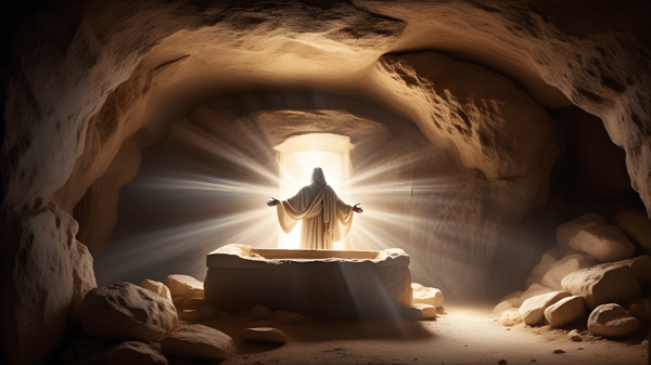 IMAGEM BÍBLICA CAPTURANDO A RESSURREIÇÃO COM UM BELO JOGO DE LUZ