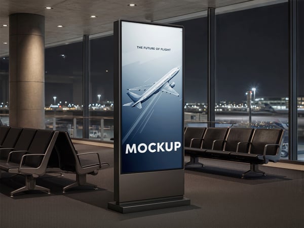 TOTEM PUBLICITÁRIO MOCKUP NA SALA DE EMBARQUE AERONAVE AO FUNDO