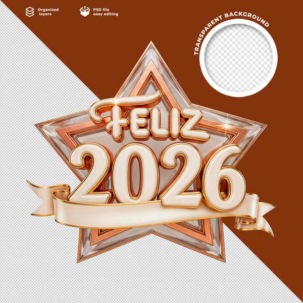 ESTRELA 3D FELIZ 2026 DOURADA BRILHANTE COM FAIXA E FUNDO MARROM LUXO NATAL
