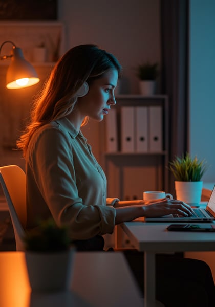 JOVEM MULHER TRABALHANDO EM LAPTOP NOITE HOME OFFICE COM ILUMINAÇÃO CONTRASTANTE FOCO PRODUTIVIDADE E TRABALHO REMOTO