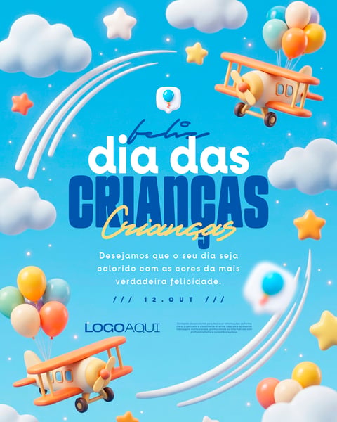 FELIZ DIA DAS CRIANÇAS AVIÃO BRINQUEDOS 3D SOCIAL MEDIA FLYER PSD EDITÁVEL