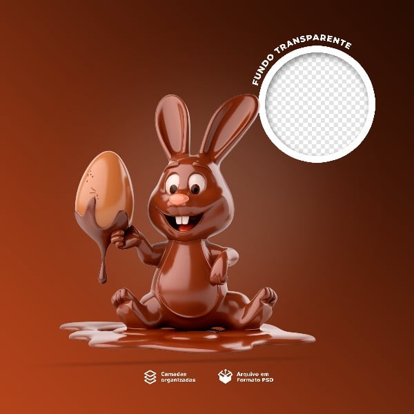 COELHO DE CHOCOLATE  SEGURANDO UM OVO DE PÁSCOA 3D