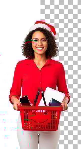 IMAGEM PARA COMPOSIÇÃO MULHER VENDEDORA SEGURANDO UMA CESTA DE COMPRAS COM ELETRÔNICOS PSD 2