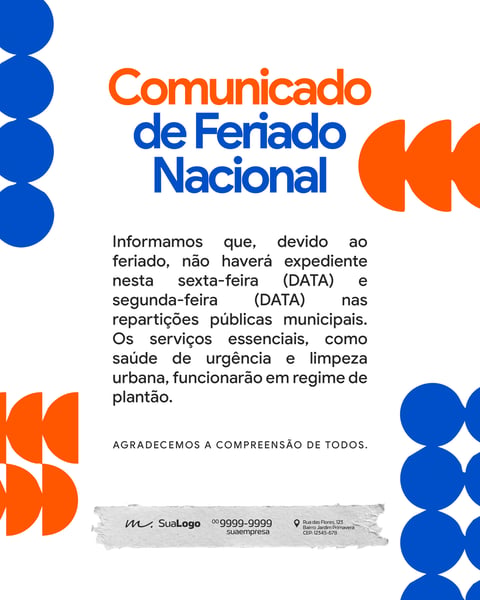 COMUNICADO DE FERIADO NACIONAL SOCIAL MEDIA PSD EDITÁVEL