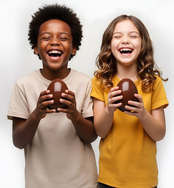 DUAS CRIANÇAS FELIZES SEGURANDO UM OVO DE PÁSCOA NAS MÃOS 04