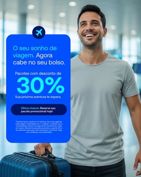 Homem Feliz Viajando Com Mala, Aproveite Pacotes De Viagem Promocionais Social Media PSD Editável