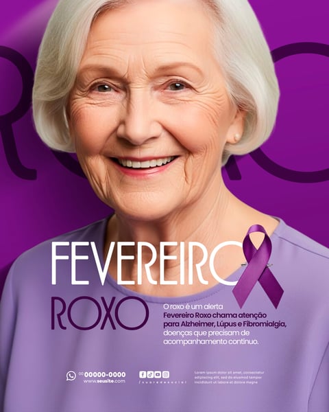 FEVEREIRO ROXO MÊS DE CONSCIENTIZAÇÃO SOBRE ALZHEIMER FIBROMIALGIA E LÚPUS SOCIAL MEDIA PSD EDITÁVEL 3