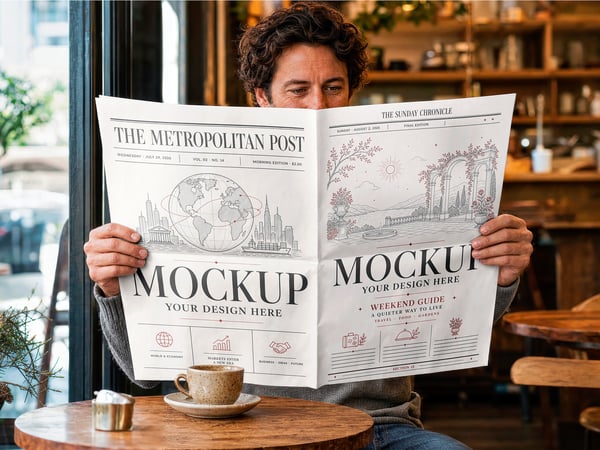 JORNAL MOCKUP NA CAFETERIA PESSOA SEGURANDO