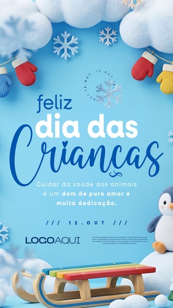 FELIZ DIA DAS CRIANÇAS INVERNO PINGUIM SOCIAL MEDIA FLYER PSD EDITÁVEL STORY