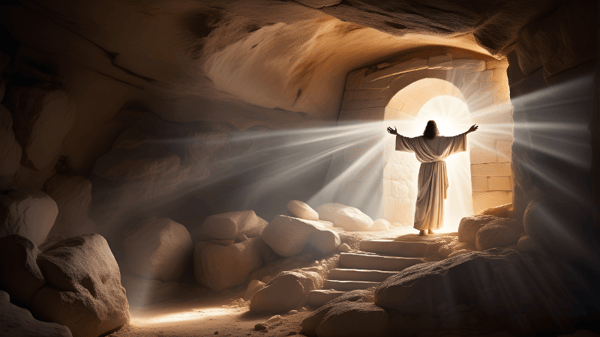 IMAGEM BÍBLICA CAPTURANDO A RESSURREIÇÃO COM UM BELO JOGO DE LUZ