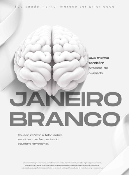 Cartaz Janeiro Branco Saúde Mental Cérebro 3d Branco Clean Social Media PSD Editável