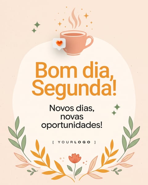 POST BOM DIA SEGUNDA FEIRA XÍCARA DE CAFÉ E FOLHAS PSD EDITÁVEL