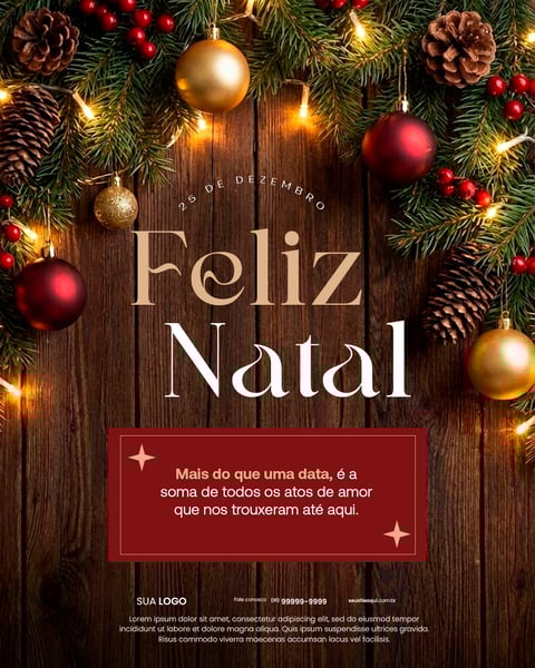 Feliz Natal: Decoração Festiva, Pinhas, Bolas, Luzes Em Fundo De Madeira Social Media PSD Editável