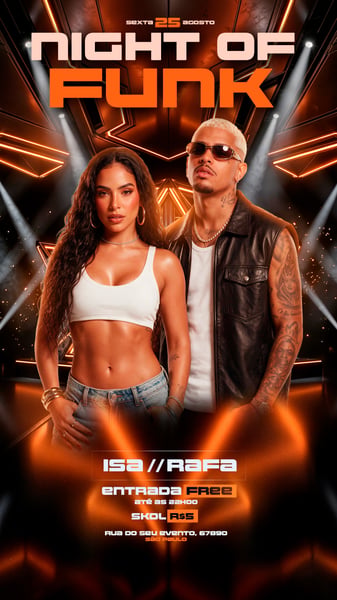 FLYER NOITE DE FUNK COM CASAL E LUZES NEON LARANJA STORY PSD EDITÁVEL