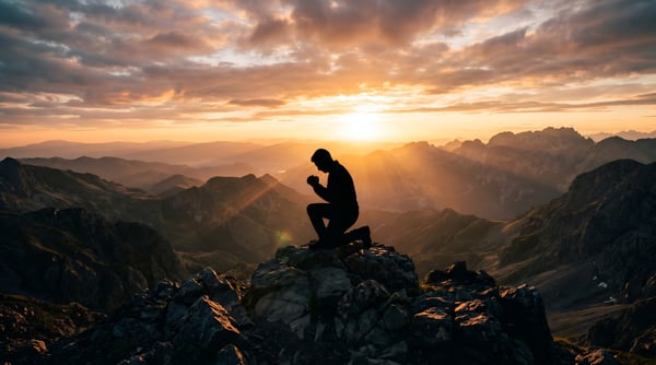 SILHUETA PESSOA AJOELHADA REZANDO POR DO SOL FÉ ESPIRITUALIDADE GRATIDÃO CONEXÃO DEUS 02