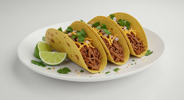 TRÊS TACOS DISPOSTOS EM UM PRATO BRANCO LIMPO