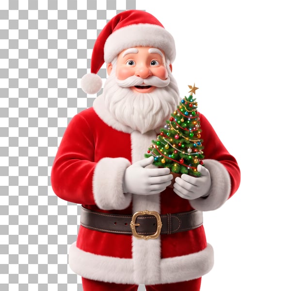 PAPAI NOEL SEGURANDO UMA ÁRVORE DE NATAL NAS MÃOS