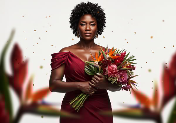 OUE MULHER SEGURANDO FLORES PSD EDITÁVEL