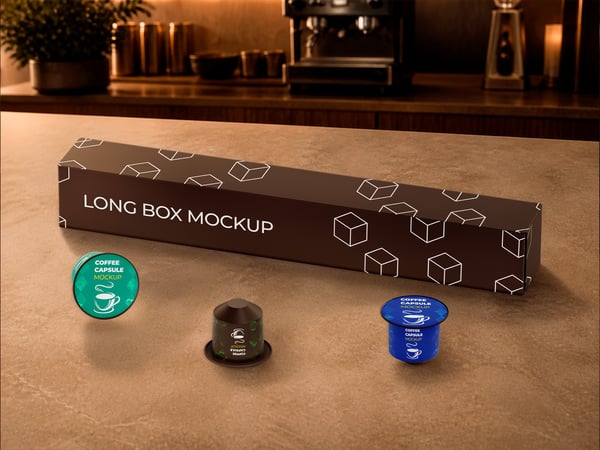 CAIXA LONGA DE CÁPSULAS DE CAFÉ MOCKUP SOBRE BALCÃO CÁPSULAS AO LADO