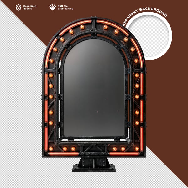 ESPELHO ARCO 3D COM LUZES NEON VERMELHAS ESTILO VINTAGE INDUSTRIAL PREMIUM