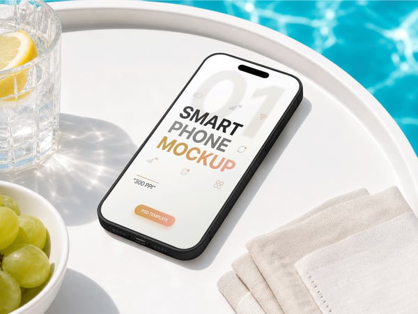 SMARTPHONE MOCKUP EM BANDEJA À BEIRA DA PISCINA VISTA SUPERIOR