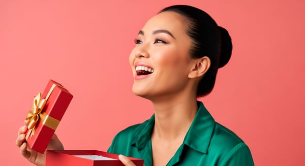 IMAGEM DE MULHER ÁSIA TICA ABRINDO PRESENTE FELIZ PARA COMPOSIÇÃO