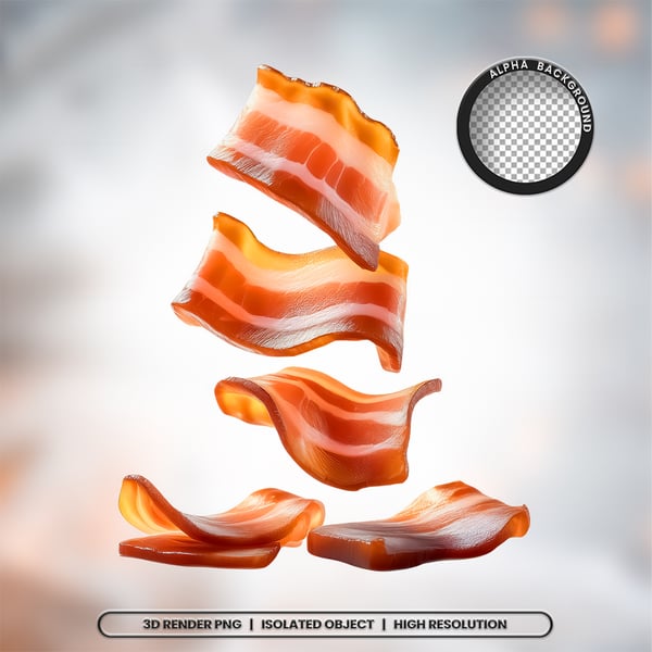 3D RENDER FATIAS PEDAÇOS DE BACON CARNE ELEMENTO ÍCONE PSD PNG