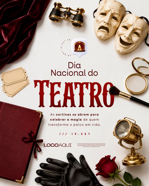 DIA NACIONAL DO TEATRO COM ELEMENTOS CÊNICOS SOCIAL MEDIA FLYER PSD EDITÁVEL