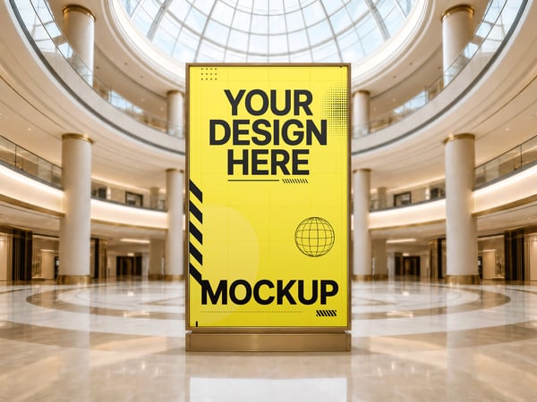 OUTDOOR MOCKUP NO ÁTRIO DE SHOPPING VISTA FRONTAL
