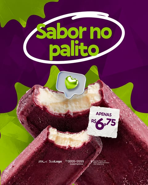 PICOLÉ DE AÇAÍ RECHEADO SABOR NO PALITO BANNER PARA REDES SOCIAIS PSD EDITÁVEL