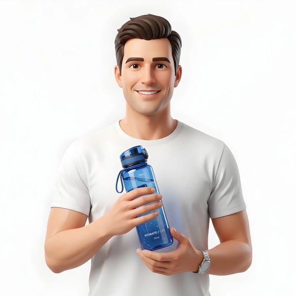 MALE CHARACTER HOLDING BLUE WATER BOTTLE