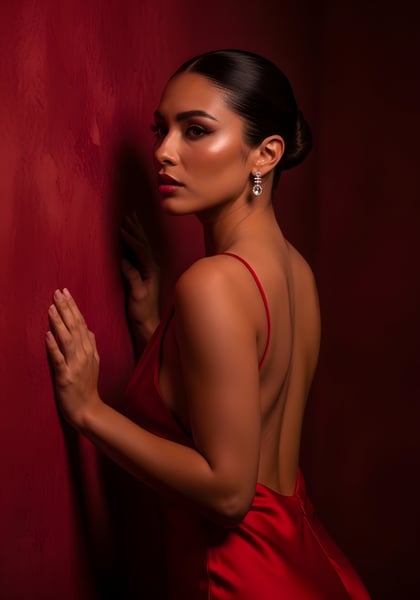 LINDA MULHER COM UMA ROSA DE FRENTE COM A PAREDE DIA DA MULHER 02