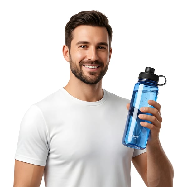 BEARDED MAN HOLDING BLUE WATER BOTTLE