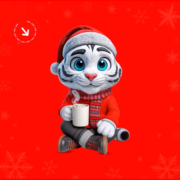 MASCOTE JACK ROUPA NATALINA SENTADO COM UMA XÍCARA PSD EDITÁVEL