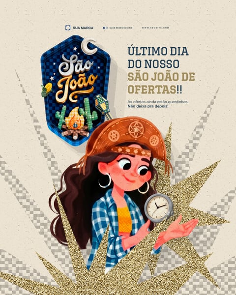 Post São João e Festa Junina Supermercado Ultimo Dia Encarte Social Media PSD Canva Editável