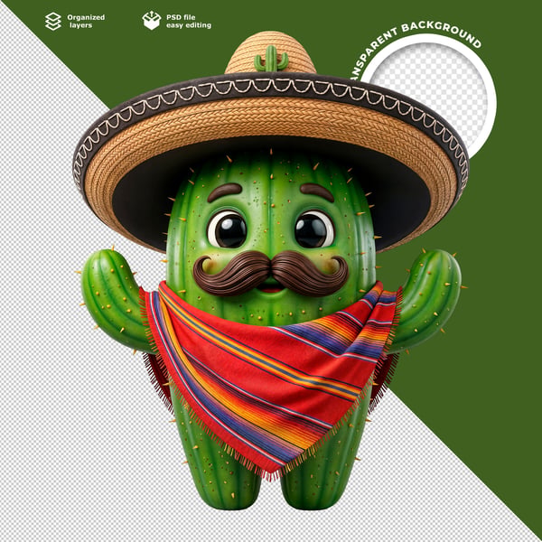 CUTE 3D MEXICAN CACTUS CHARACTER COM SOMBRERO E COLORIDA BANDANA
