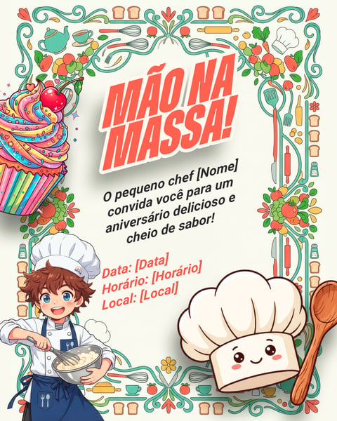 CONVITE ANIVERSÁRIO PEQUENO CHEF PSD EDITÁVEL