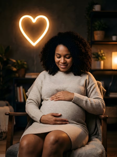 MULHER GRÁVIDA SEGURANDO A BARRIGA SENTADA NO SOFÁ COM UM CORAÇÃO LUMINOSO AO FUNDO 3