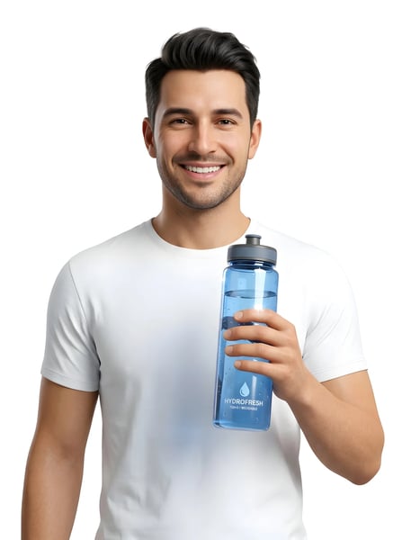 MAN PRESENTING BLUE WATER BOTTLE HIDRATAÇÃO