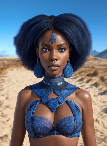 IMAGEM DE UMA MULHER NEGRA COM DETALHES AZUIS NA PRAIA