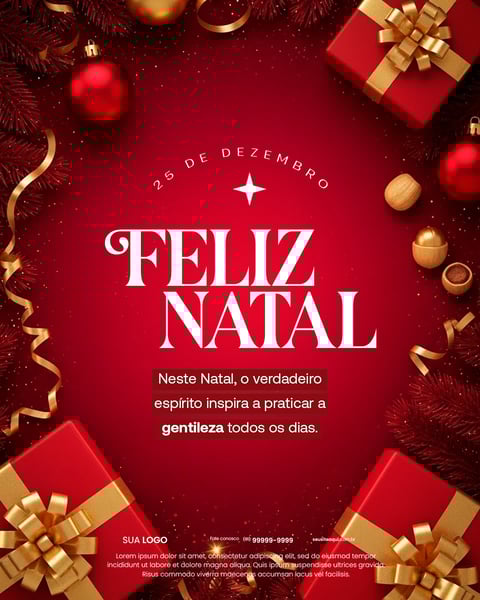 Espírito Natalino: Feliz Natal, Presentes Vermelhos E Decoração Dourada Elegante Social Media PSD Editável