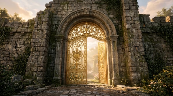 PORTA DOURADA ANTIGA MURALHA PEDRA PORTAL MÁGICO PASSAGEM SECRETA 01