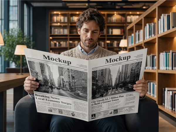 JORNAL MOCKUP EM BIBLIOTECA PESSOA SEGURANDO