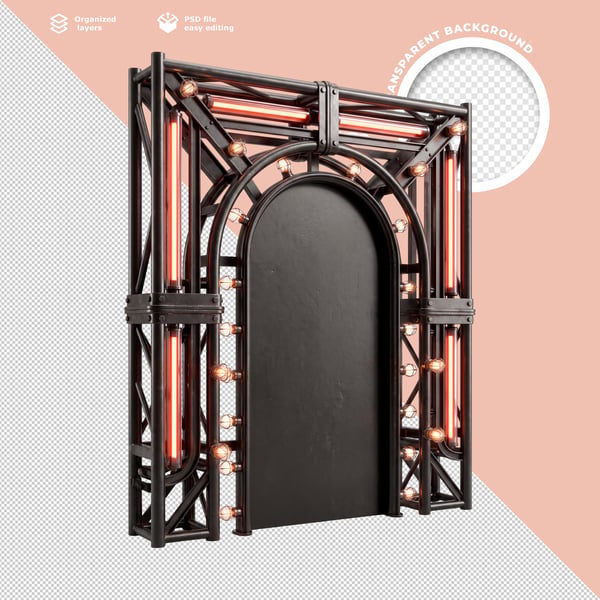 PORTA ARCO INDUSTRIAL 3D PRETA COM LUZES NEON DOURADO LUXUOSO PARA EVENTOS