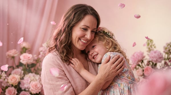 IMAGEM PARA COMPOSIÇÃO CINEMATOGRÁFICA MÃE ABRAÇANDO A FILHA SORRIDENTES