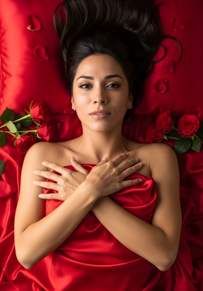 LINDA MULHER DEITADA EM SEDA COM ROSAS DIA DA MULHER 01