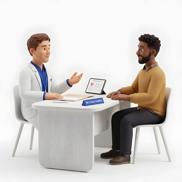 DOCTOR PACIENTE SENTADO CLÍNICA CONSULTA TABLET